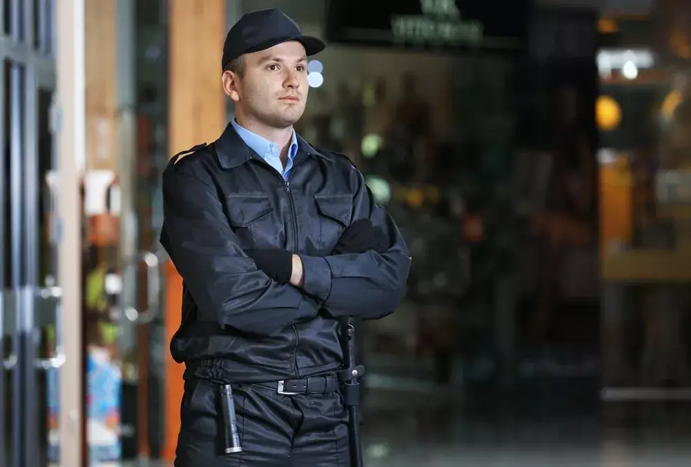 security guard on duty and seriously standing